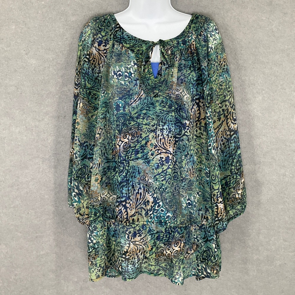 Liz Claiborne Woman 3X Green Blue Paisley Long‎ Sleeve Sheer Lined Tunic Top